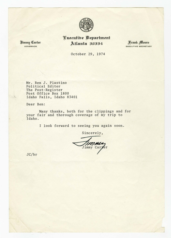 A letter from Georgia Governor Jimmy Carter to Ben Plastino expressing gratitude for covering his trip to Idaho.