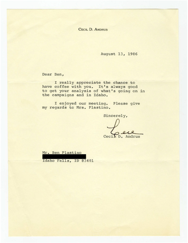 A letter from Governor Cecil D. Andrus to Ben Plastino expressing gratitude for sharing coffee and analysis.
