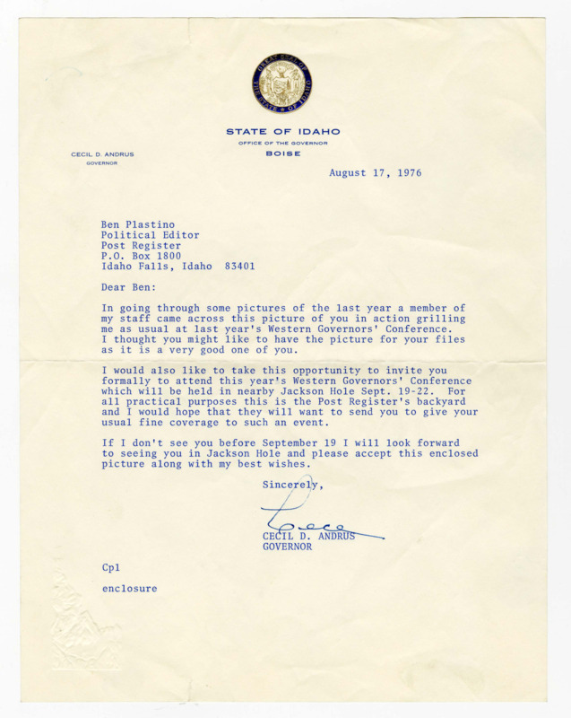 A letter from Governor Cecil D. Andrus to Ben Plastino reminiscing about a photograph from the last year's Western Governors' Conference and inviting Plastino to the upcoming Western Governors' Conference.