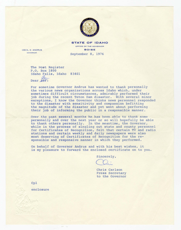 A letter from Chris Carlson, Press Secretary to Governor Andrus, to Ben Plastino expressing Governor Andrus' gratitude to the various news organizations for their response to the Teton Dam disaster.