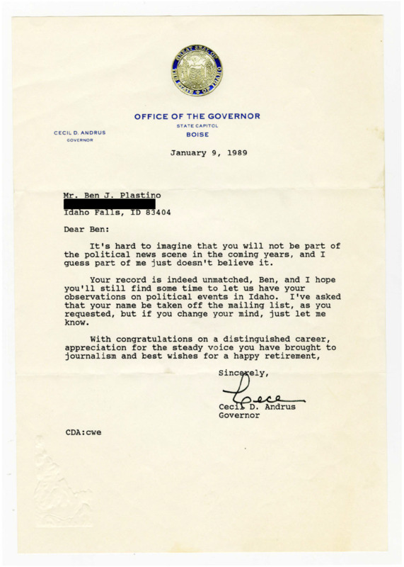 A letter from Governor Cecil D. Andrus congratulating Ben Plastino on his retirement.