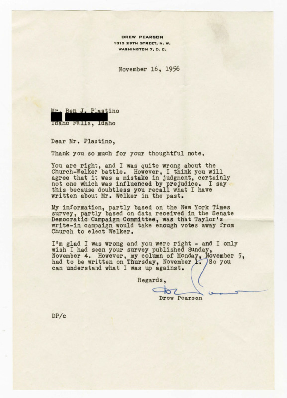 A letter from Drew Pearson to Ben Plastino regarding the Church-Welker election of 1956.