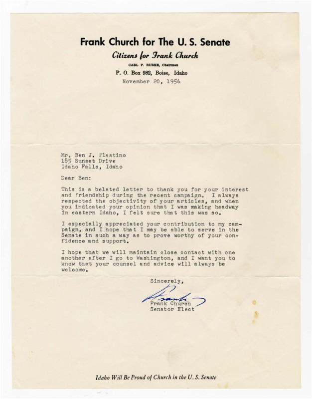 A letter from Senator Frank Church to Ben Plastino expressing gratitude and admiration for Plastino's coverage of the 1956 political season.