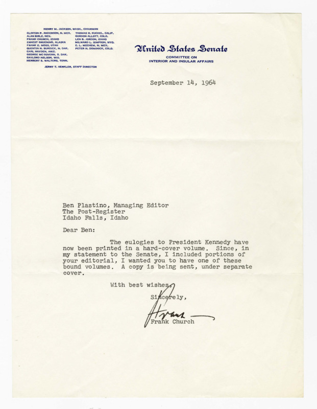 A letter from Senator Frank Church to Ben Plastino about the eulogies for President Kennedy that were read on the Senate floor.
