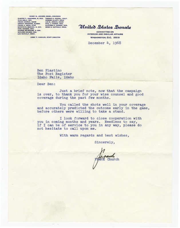 A letter from Senator Frank Church to Ben Plastino expressing gratitude and admiration for Plastino's coverage of the 1968 political season.