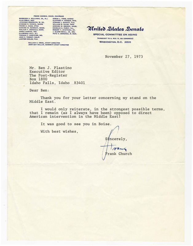 A letter from Senator Frank Church to Ben Plastino about the senator's stance on the Middle East.