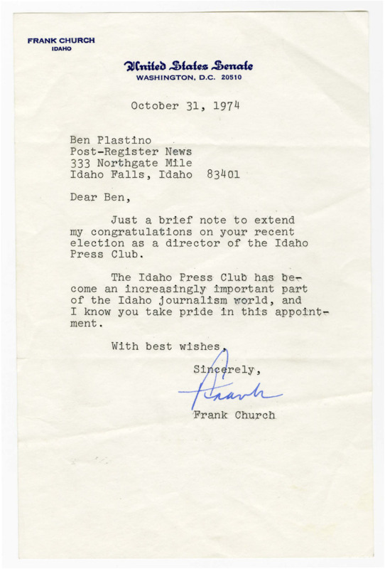 A letter from Senator Frank Church congratulating Ben Plastino on his election as director of the Idaho Press Club.