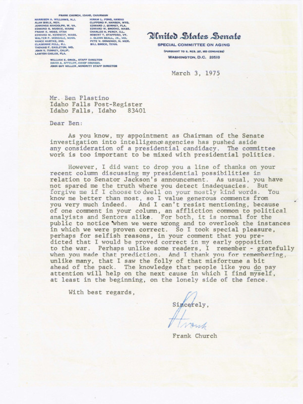 A letter from Senator Frank Church to Ben Plastino expressing gratitude for Plastino's coverage of Church's Presidential prospects in the wake of Church's appointment as Chairman of the Senate investigation into intelligence agencies.
