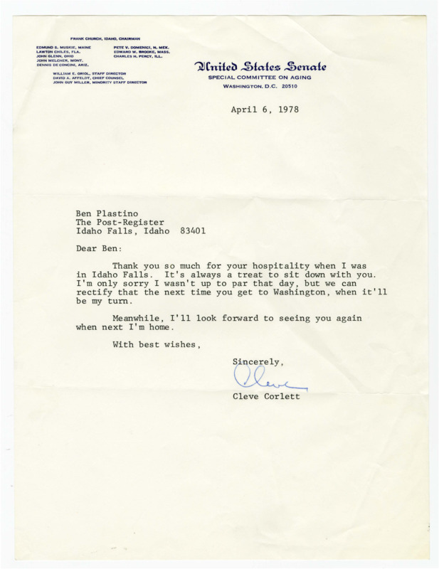 A letter from Cleve Corlett thanking Ben Plastino for his hospitality while Corlett was visiting Idaho Falls. Written on Senator Frank Church's letterhead.