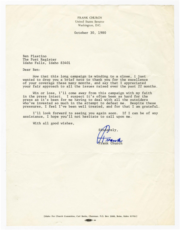 A letter from Senator Frank Church to Ben Plastino expressing gratitude for excellent coverage over a challenging election season.