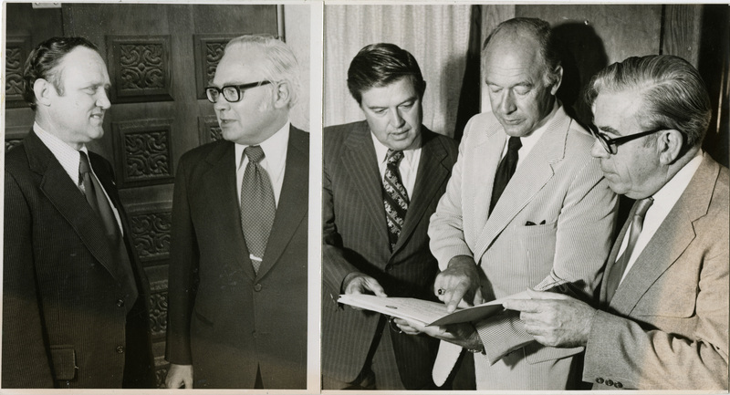 Photo Description: In the picture on the left, Senator McClure and District Congressman Hansen are talking in the picture. In the picture to the right, Senator Church, Governor Andrus, and an unknown person are pictured all reading a file. Text back translation " Senator James McClure and District Congressman Orval Hansen; Senator Frank Church Governor Cecil D. Andrus Unknown"