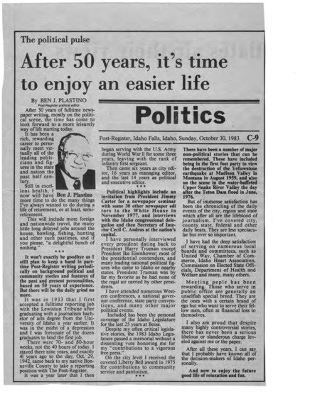 Newspaper clipping of Ben J. Plastino's farewell column in which he announces his retirement after 50 years of full-time newspaper work, mostly covering politics.