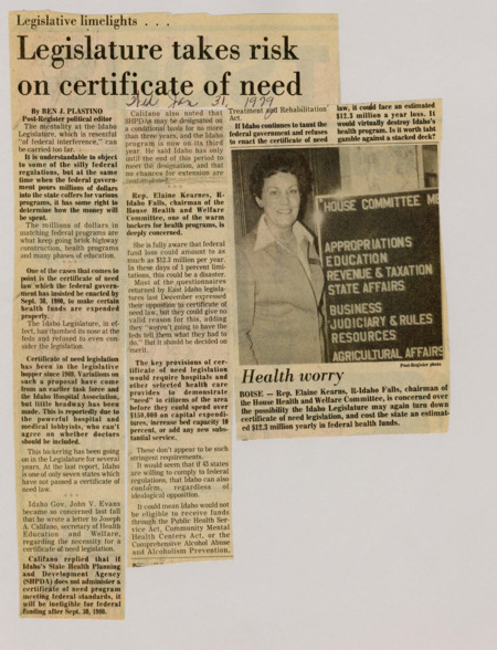 A newspaper article discussing: The Idaho Legislature is facing a potential loss of $12.3 million in federal funding due to its refusal to pass a "certificate of need" law, which is required by the federal government for health programs. While 43 other states have already passed similar laws, Idaho's legislators, influenced by powerful hospital and medical lobbyists, have resisted the measure for years. Governor John V. Evans has expressed concern over the potential loss of federal funding, which supports health programs, highway construction, and education.