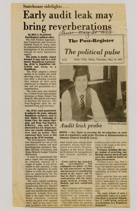 A newspaper article discussing: In May 1979, the Joint Finance Appropriations Committee (JFAC) and Attorney General David H. Leroy initiated an investigation into the premature leak of a legislative audit report, which violated state law. The early release of the audit, which contained minor violations like excessive travel expenses, raised concerns about political motivations, particularly from the Division of Administration director, Bartlett Brown. Leroy focused on those who accessed the confidential report without authorization, while emphasizing a careful approach toward the media involved, like United Press International's Robert Van Buskirk.