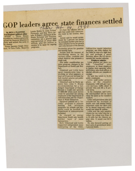 A newspaper article discussing: Idaho's House Republican leaders have agreed on a stable financial outlook early in the legislative session, with key discussions focusing on a $19 million surplus and potential budget allocations for cities, schools, and state employees. Teacher and public employee salaries are expected to rise by 8.5%, while a proposed 1% tax freeze might be extended. Controversy surrounds the creation of a new Department of Energy, which some legislators oppose due to cost concerns. Tax relief is unlikely, though reducing local school levies could be a potential solution.