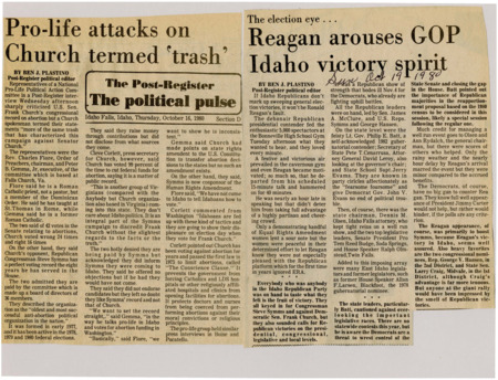 A newspaper article discussing: Representatives from a National Pro-Life Political Action Committee sharply criticized U.S. Senator Frank Church’s abortion voting record, claiming he voted wrongly on 24 out of 42 abortion-related Senate votes. In response, Church’s press secretary defended him, highlighting his consistent voting record to cut federal abortion funding and dismissing the criticism as part of a campaign to discredit Church. The pro-life representatives, though not endorsing a candidate, expressed support for Church’s opponent, Republican Congressman Steve Symms, and argued that Church’s pro-life stance was inconsistent with his voting record in Washington.