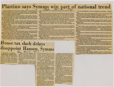 A newspaper article discussing: In the 1980 election, Republican Steve Symms defeated Democratic Senator Frank Church, reflecting a national conservative shift and growing dissatisfaction with Church's liberal stances on key issues. The conservative trend also led to Republican gains in Idaho's state legislature and local elections, including the approval of wine sales in grocery stores. Political analyst Ben Plastino attributes these outcomes to a desire for stronger conservative leadership, as well as disillusionment with President Carter's lack of leadership.