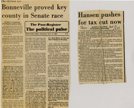 A newspaper article discussing: In the 1980 U.S. Senate race, Bonneville County played a pivotal role in Republican Steve Symms' narrow victory over incumbent Democrat Frank Church. Though Bonneville's vote total was small, its outcome historically indicated which party would win statewide races. Symms ended up winning Bonneville by only 3,000 votes and ultimately winning the election. The result was part of a larger trend in East Idaho, where Symms performed strongly in rural counties, while Church struggled, even in traditionally Democratic areas. The race was influenced by national Republican support, including appearances by high-profile figures like Ronald Reagan, but the key factor was Idaho voters' preference for Symms' conservative stance, aligned with the broader Reagan movement.