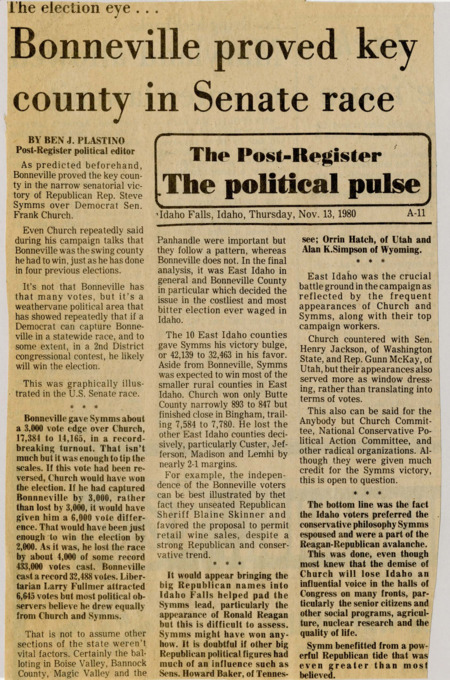 A newspaper article discussing: In the 1980 U.S. Senate race, Bonneville County played a pivotal role in Republican Steve Symms' narrow victory over incumbent Democrat Frank Church. Though Bonneville's vote total was small, its outcome historically indicated which party would win statewide races. Symms ended up winning Bonneville by only 3,000 votes and ultimately winning the election. The result was part of a larger trend in East Idaho, where Symms performed strongly in rural counties, while Church struggled, even in traditionally Democratic areas. The race was influenced by national Republican support, including appearances by high-profile figures like Ronald Reagan, but the key factor was Idaho voters' preference for Symms' conservative stance, aligned with the broader Reagan movement.