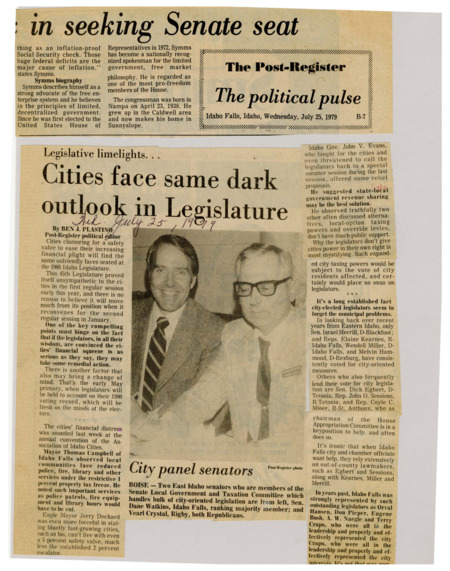 A newspaper article discussing: Idaho cities are facing financial challenges due to restrictive state policies, with reduced services like police and fire departments as a result of property tax freezes. Governor John V. Evans suggested state-local revenue sharing as a potential solution, but proposals like local-option taxes have limited support. Many legislators, particularly from rural areas, have been unsympathetic to city needs, and urban areas are increasingly relying on out-of-county lawmakers for assistance.