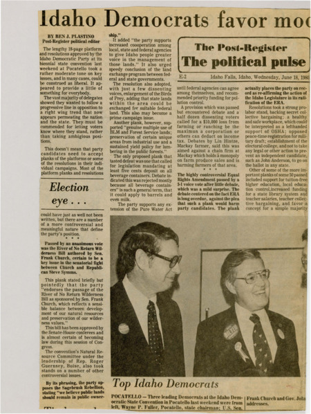 A newspaper article discussing: At its 1980 biennial convention, the Idaho Democratic Party approved a moderate yet progressive platform addressing key issues like wilderness preservation, public land ownership, and environmental protection. The platform supported the Equal Rights Amendment, pro-labor policies, and education reforms such as tuition-free higher education. It also advocated for the expansion of tourism, family farms, and the state's economy through international markets. While some proposals, like a beverage container deposit law, were rejected, the platform reflected a mix of progressive stances designed to appeal to a broad base.