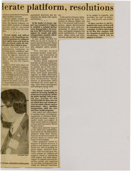 A newspaper article discussing: The document outlines a series of proposals critiquing the Republican-controlled Legislature, advocating for local option taxes, improved public employee benefits, and tax reforms. It also calls for energy advancements, including support for nuclear waste management, renewable energy sources, and expanded hydroelectric power. Additionally, the proposals emphasize funding for social services, human rights protections, and programs to support vulnerable populations, along with preservation of Idaho's cultural heritage.