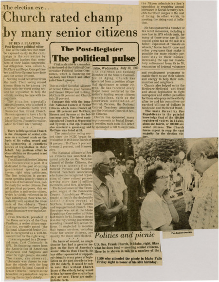 A newspaper article discussing: There is a contrast between Idaho's Republican lawmakers—Sen. James McClure, Rep. George Hansen, and Sen. Steve Symms—and Democrat Sen. Frank Church in their support for senior citizens. While the Republicans claim to support the elderly, their voting records show a lack of meaningful action on key issues like Social Security and senior services. In contrast, Church has consistently championed legislation benefiting seniors, earning high rankings from national senior citizen organizations. People criticize right-wing groups for misrepresenting the needs of seniors, emphasizing Church's proven commitment to improving their lives.