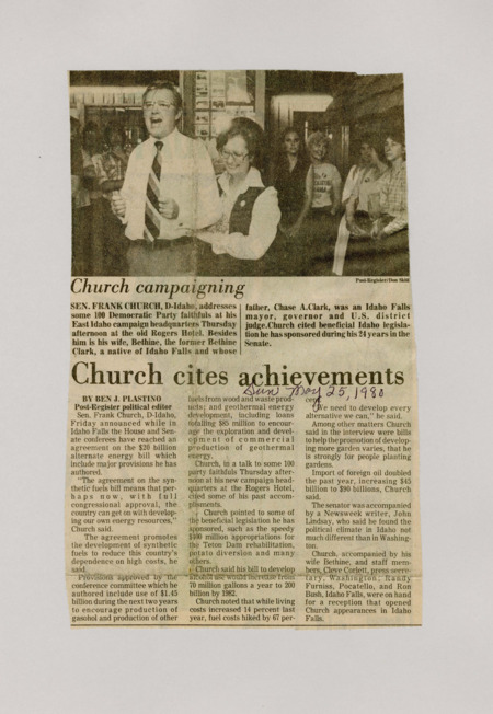 A newspaper article discussing: Senator Frank Church of Idaho announced a $20 billion alternative energy bill aimed at reducing dependence on foreign oil, with key provisions he authored to promote synthetic fuels and geothermal energy development. Church highlighted his past legislative successes, including the Teton Dam rehabilitation and efforts to reduce fuel costs, and discussed a bill to boost gasohol production. The agreement on the synthetic fuels bill, which includes $1.45 billion in funding over the next two years, is seen as a step forward in addressing the country's energy challenges.