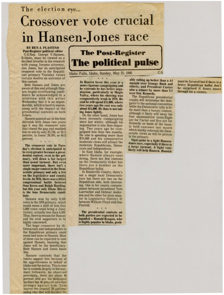 A newspaper article discussing: U.S. Rep. George V. Hansen, R-Idaho, faces a challenging rematch against Jerome attorney Jim Jones in the 1980 Republican primary, with crossover votes from Democrats and independents potentially tipping the scales. While Hansen is campaigning vigorously and has better organization compared to his 1978 race, Jones has been campaigning longer and will likely appeal to moderate Republicans and crossover voters. With the presidential contests influencing turnout, the race could be tight, and a high turnout might benefit Jones, making it uncertain whether Hansen can maintain his lead.