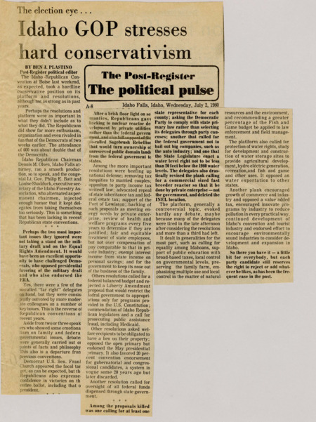 A newspaper article discussing: At the Idaho Republican Convention, the party adopted a conservative platform, supporting nuclear energy and land transfer from federal to state control. The event had high attendance and was well-organized, with a shift towards more moderate views compared to previous years. Key resolutions included advocating for private enterprise in energy development, opposing welfare fraud, and promoting environmental protections and economic growth.