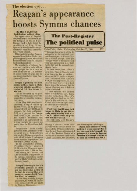 A newspaper article discussing: Ronald Reagan's visit to Idaho Falls in 1980 helped boost Rep. Steve Symms' Senate race against Democrat Frank Church. Reagan's popularity in Idaho, highlighted by his dominant wins in past presidential primaries, made him a key supporter for Symms. Despite Reagan's influence, the outcome of the Senate race remained uncertain leading up to the election.