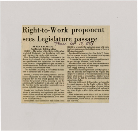 A newspaper article discussing: Rep. John Brooks, R-Gooding, is optimistic that Idaho's Right-to-Work bill will pass with strong Republican support despite Governor John V. Evans' veto threat. The bill, which has raised $15,000 for promotion, has backing from local businesses and individuals. Opponents are working to amend or weaken provisions, such as the ban on union hiring halls.