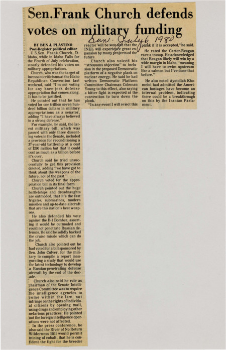 A newspaper article discussing: Senator Frank Church explained his votes against unnecessary military spending, focusing on newer defense technologies. He also highlighted his work to make sure intelligence agencies followed the law and respected people's rights. Despite tough competition, Church remained determined to continue his campaign in Idaho, where Reagan was expected to win.