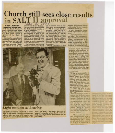 A newspaper article discussing: Senator Frank Church discussed the close Senate vote expected on the SALT II treaty, showing two key parts he supports. He also expressed frustration over the failure of sugar legislation but has a strategy to improve it. Additionally, Church is pushing for investigations into potential contamination of drinking water near Idaho’s national laboratory and supporting key environmental and land reform legislation.