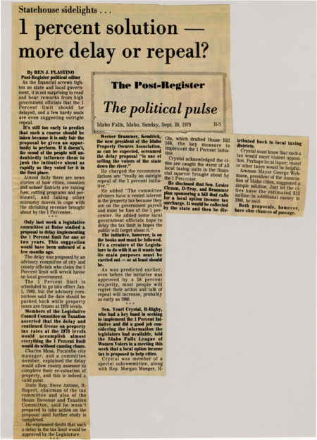 A newspaper article discussing: As financial pressures grow, there are increasing calls to delay or repeal the 1 Percent property tax limit set to take effect in January 1980. Some officials argue the limit will hurt local services and suggest revaluation or further study, while others support upholding it. Despite proposed alternatives like local income taxes, opposition remains strong, leaving the future of the limit uncertain.