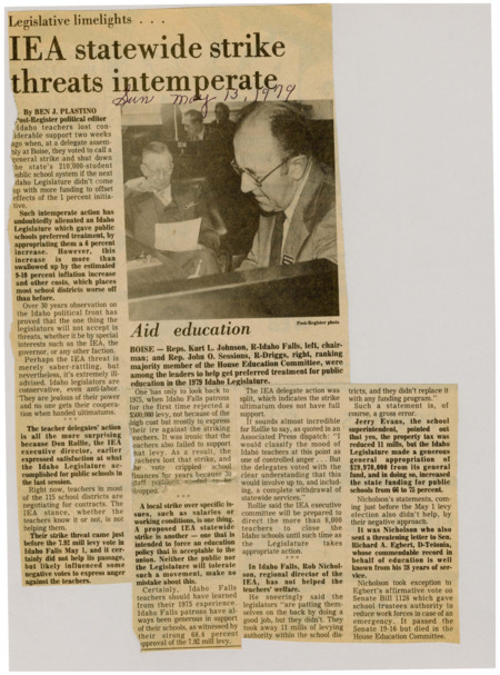 A newspaper article discussing: Idaho teachers threatened to go on strike over not getting enough school funding, which upset state lawmakers who had already increased funding by 6%. This angered both the public and lawmakers, making it harder for teachers to negotiate. Comments from IEA leaders also made the situation worse, especially before an important school vote.