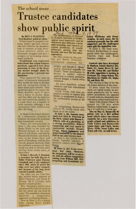 A newspaper article discussing: Many school trustee elections are taking place, with several incumbents not seeking re-election, leading to new candidates entering the race. Key contests are occurring in districts like Idaho Falls and Madison, where competition is strong in some areas and absent in others. Additionally, votes on school funding measures, such as bonds and levies, are scheduled in various districts.