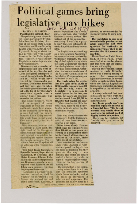 A newspaper article discussing: A proposed 13.5% salary increase for Idaho legislators sparked controversy, with critics accusing Rep. John Reardon of bypassing proper procedures. The raise would increase legislators' pay from $3,000 to $4,200 annually, along with a daily expense boost. Tensions erupted between Democrats and Republicans, with some questioning the timing and fairness of the proposal. Many legislators want a pay increase but are afraid of the public reactions.