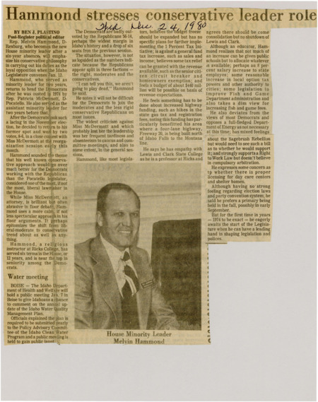 A newspaper article discussing: Rep. Melvin Hammond of Rexburg returns as Idaho's House Minority Leader, bringing a conservative approach after a six-year absence. He aims to work with moderate and conservative Republicans on issues like budget management and tax relief. Hammond also supports conservative policies, such as the Right to Work law, and looks forward to leading the Democrats in the upcoming legislative session.