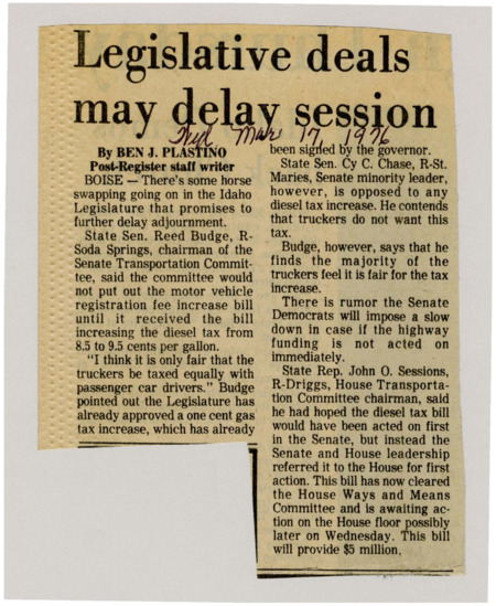 A newspaper article discussing: Idaho lawmakers are debating a proposed diesel tax increase from 8.5 to 9.5 cents per gallon, with Senate Transportation Chair Reed Budge supporting it to ensure truckers are taxed equally with passenger vehicles. However, Senate Minority Leader Cy C. Chase opposes any tax hike. The diesel tax bill, which could raise $5 million for highway funding, has passed the House Ways and Means Committee and is awaiting further action.