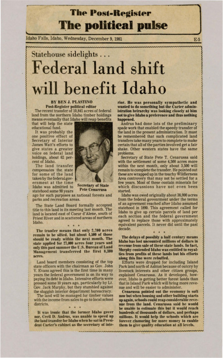 A newspaper article discussing: Idaho recently received 10,841 acres of federal land, which will generate revenue for local school districts. This transfer compensates the state for land taken when Idaho became a state 90 years ago. The land, primarily timber-rich, is expected to bring significant financial benefits for education once fully managed.