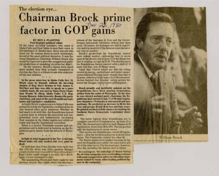 A newspaper article discussing: In 1980, National Republican Chairman William Brock visited Idaho Falls, offering modest predictions for the upcoming elections, focusing on supporting Republican candidates. Despite his cautious outlook, Republicans won big, including a shift in Senate control and a larger-than-expected victory in the House. Brock's unassuming approach stood in contrast to the exaggerated claims of other political figures during the campaign.