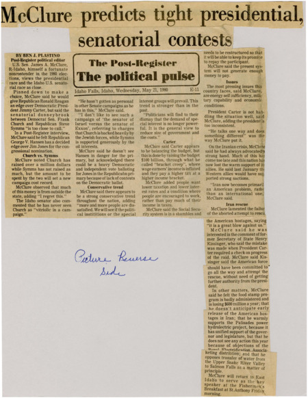 A newspaper article discussing: In 1980, Senator James McClure said the presidential and Idaho Senate races were close, giving Reagan a slight edge over Carter. He criticized President Carter on issues like the Iranian crisis and taxes, and called for smaller government and Social Security reform. McClure also supported energy independence and the Palisades hydroelectric project but opposed water transfers in Idaho.
