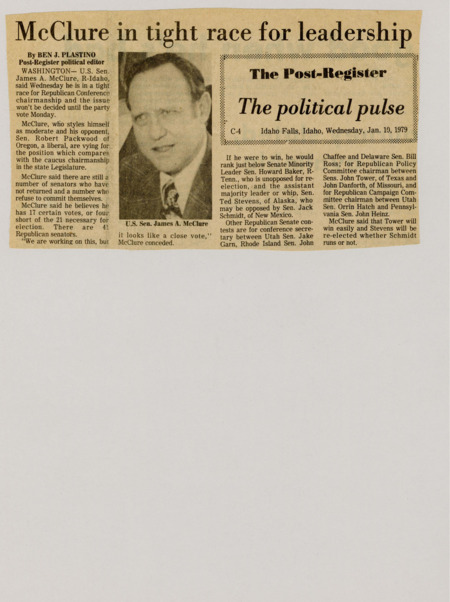 A newspaper article discussing: Senator James McClure of Idaho is in a tight race with Senator Robert Packwood for the Republican Conference chairmanship, with the vote set for Monday. McClure has 17 confirmed votes but needs 21 to win, with several senators still undecided. Other Republican Senate positions are also contested, but McClure expects John Tower and Ted Stevens to win their respective roles.