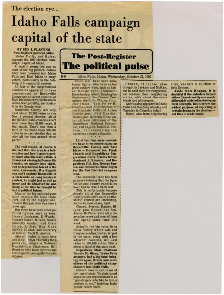 A newspaper article discussing: In the 1980 election, Idaho Falls was the main spot for political campaigning, especially for the U.S. Senate race between Frank Church and Steve Symms. Even though East Idaho had few voters, it was seen as important for predicting the state's overall results. Many big political figures, like Ronald Reagan, visited to help their candidates, but most votes would come from Boise Valley.