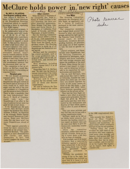 A newspaper article discussing: The Republican Steering Committee, led by Senator James A. McClure, represents the conservative "New Right" movement, advocating for traditional values and limited government. The committee has successfully blocked several bills and influenced key policies, such as tax cuts and defense spending. Despite criticism for its tactics and ideological focus, it is becoming a stronger force in the Republican Party, with the potential to increase its impact if the party gains control of the Senate.
