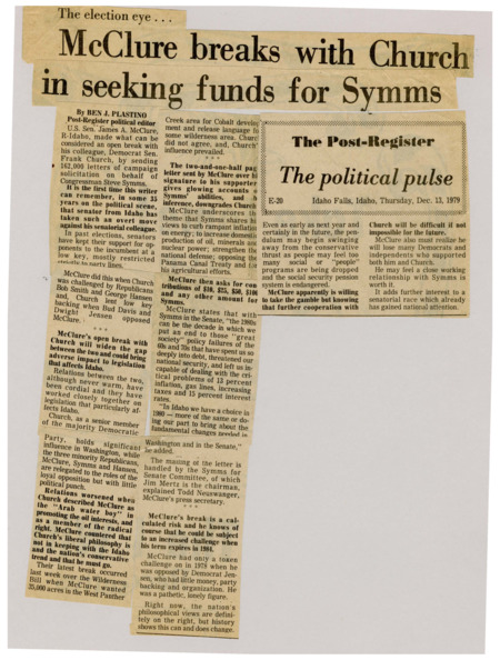 A newspaper article discussing: There's political rift between U.S. Senators James A. McClure and Frank Church, triggered by McClure's campaign support for Congressman Steve Symms. McClure's conservative views clash with Church's liberal stance, particularly on energy and national defense. This growing divide may impact McClure’s future political prospects as he faces potential challenges in upcoming elections.