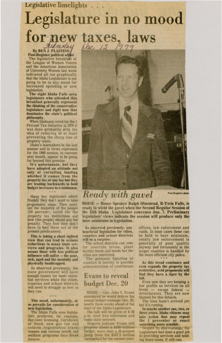 A newspaper article discussing: Idaho's lawmakers are focused on cutting spending and not creating new laws, following a 1978 tax initiative. This could lead to fewer services, especially for those who need help the most. In the future, people in Idaho might try to change or get rid of the tax rule because of its effects.
