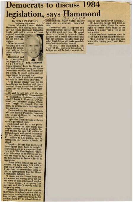 A newspaper article discussing: House Minority Leader Melvin Hammond announced plans for three regional meetings to strategize on education funding for the 1984 Legislature. He discussed the expected state surplus of $40–50 million, with a significant portion allocated for public schools. Hammond also highlighted the failure of Senate Bill 1189 on Idaho Power Co. water rights and stressed the need for its passage in the upcoming session.