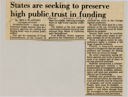 A newspaper article discussing: State government agencies are finding better ways to save money due to budget cuts. Experts say it’s important for leaders to support the effort, work together, and adjust to new challenges. They also stress using good management, technology, and feedback to make sure the programs succeed.